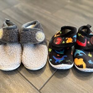 Newborn Cozy Gray Bootie Slippers and Black Dino Slip-Ons - 2 Pack
